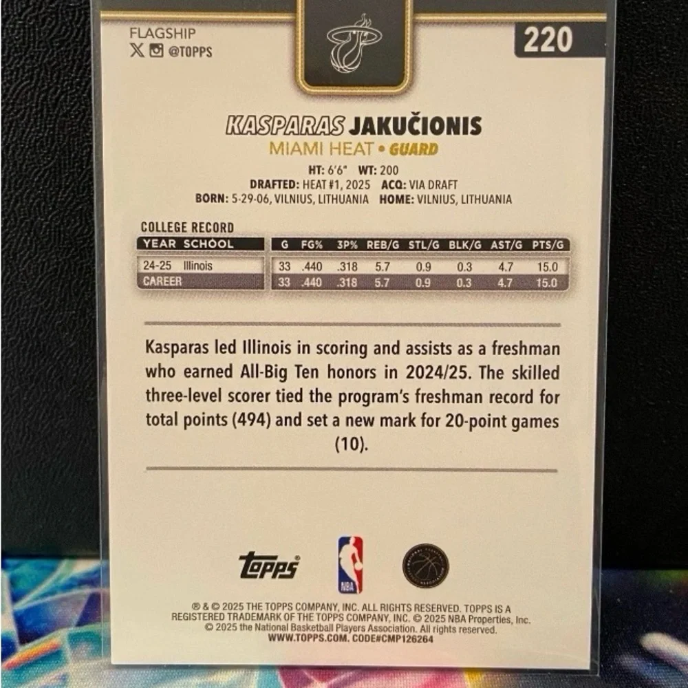 2025-26 Topps Blackout #13/50 Rookie Card RC Kasparas Jakucionis Miami Heat - Picture 3 of 3